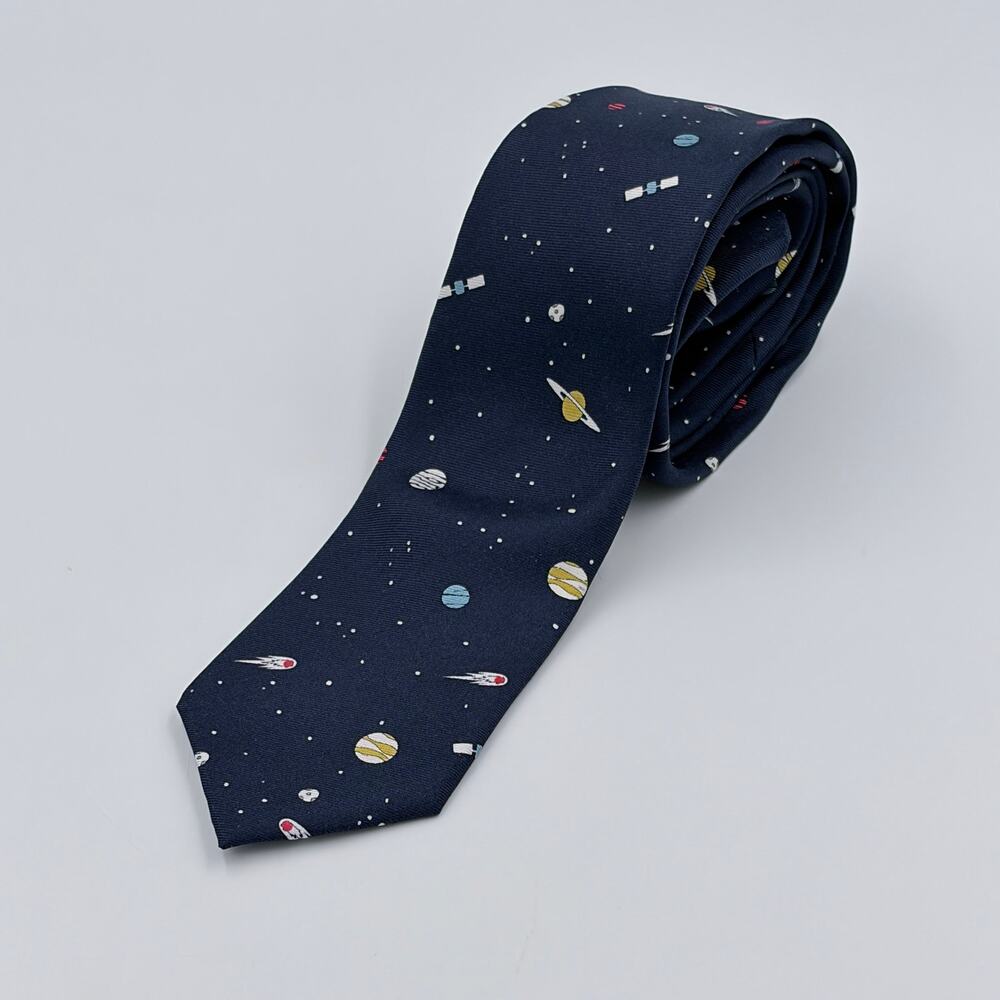 J. Crew Men's 100% The Silk Necktie Tie Navy Planets Outer Space Narrow 52"